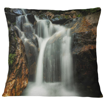 Slow Motion Waterfall on Rocks Landscape Printed Throw Pillow, 16"x16"