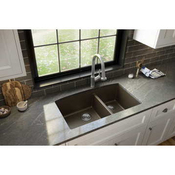 Karran Undermount Quartz 32" 60/40 Double Bowl Kitchen Sink, Brown