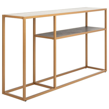 Contemporary Console Table, Gold Metal Frame With MDF Top and Shelf, Beige/Walnu