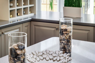 Inspiration for a large transitional laminate floor and gray floor kitchen/dining room combo remodel in Toronto with green walls and no fireplace