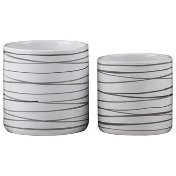 Round Ceramic Pot With Interlocking Design, Gloss White, Set of 2