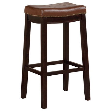 Linon Claridge Backless Bar Stool Cognac Faux Leather Wood Frame in Espresso