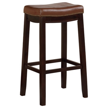 Linon Claridge 32" Wood Backless Bar Stool Cognac Brown Faux Leather in Espresso