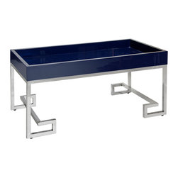 Worlds Away Conrad Navy with Stainless Steel Greek Key Base - Serving Dishes And Platters