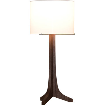Nauta Table Lamp, Brushed Aluminum and Dark Stained Walnut With White Linen