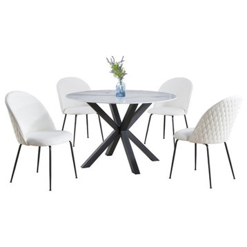 5pc White Marble Wrapped Dining Table with Tempered Glass and White Chairs