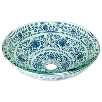 Modern Ming Dynasty Print Round Tempered Glass Vessel Sink for Bathroom 14"