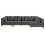 Meridian Furniture - Tremblay Modular Sectional, Grey, L-Shaped, 5-Piece: Armless (3), Corner (2) - Lean back and relax on this Tremblay sectional. Featuring soft grey velvet upholstery with deep button tufting, this sectional adds a bold touch to any living space. A complete set of gold and chrome legs are included, so you can change it up to suit your home decor. This sectional is modular, so you can create infinite configurations with it, which are easily attached using the latch underneath the frame. Its contemporary design is perfect for the modern home.