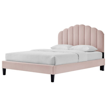 Platform Bed Frame, Queen Size, Pink, Velvet, Modern, Bedroom Guest Suite