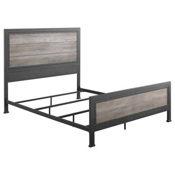 Pemberly Row Queen Industrial Wood and Metal Panel Bed in Gray Wash