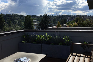 Example of a small southwest rooftop deck design in Seattle with a fire pit and no cover