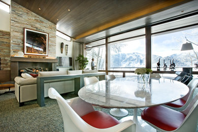 Mid-sized trendy carpeted great room photo in Denver with beige walls