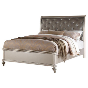 Opulent Wooden E.King Bed With Silver Pu Tufted Hb, Shinny Silver Finish