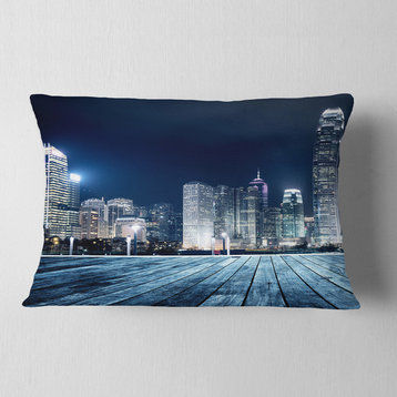 Blue Hong Kong City Skyline Cityscape Throw Pillow, 12"x20"