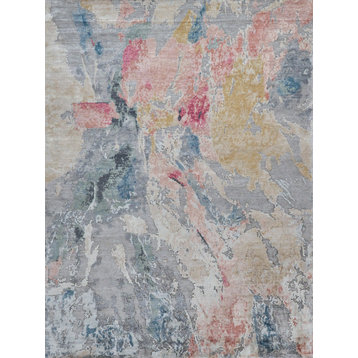 Floor Art Hand-knotted Bamboo Silk Silver/Blush Area Rug, 9'x12'