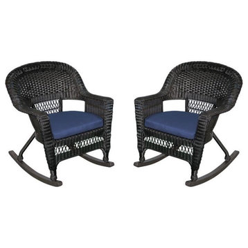 Jeco Wicker Rocker Chair in Black with Blue Cushion (Set of 2)