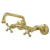 Kingston Brass Wall Mount Polished Brass Faucet Adjustable Centers Cross Handles