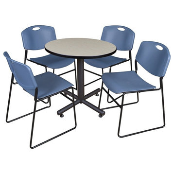 Kobe 30" Round Breakroom Table, Maple and 4 Zeng Stack Chairs, Blue
