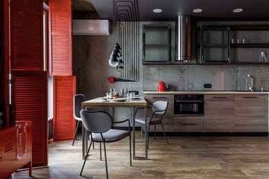 Inspiration for a mid-sized contemporary l-shaped porcelain tile and beige floor kitchen remodel in Other with an undermount sink, open cabinets, laminate countertops, gray backsplash, glass tile backsplash, black appliances and beige countertops