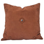 Paseo Road by HiEnd Accents - Western Suede Antique Silver Concho & Studded Pillow, 20" x 20", Tobacco - Embodying Western sophistication in every detail, this genuine suede pillow showcases a lone silver concho in the middle, enveloped by an elegant silver-studded border. Available in black, gray, navy, and tobacco, this accent pillow brings a luxurious, rustic touch to any room.