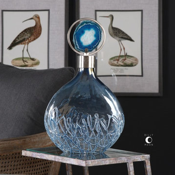 Blue Agate Art Glass Bottle, Elegant Vase Silver Lid Stone