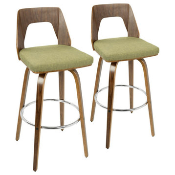 Set of 2 Retro Modern Bar Stool, Swiveling Polyester Seat With Open Back, Green