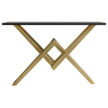 47.2" Narrow Rectangle Console Table with Wooden Top and Gold Metal Base, Black