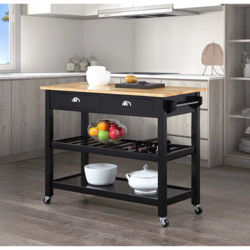 Classic Kitchen Cart, Butcher Block Top & Drawers With Curved Pulls, Black