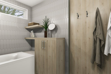 Inspiration for a small scandinavian master bathroom in Montreal with flat-panel cabinets, light wood cabinets, an alcove tub, a shower/bathtub combo, a two-piece toilet, white tile, porcelain tile, green walls, porcelain floors, a vessel sink, quartzite benchtops, grey floor, white benchtops, a niche, a single vanity and a freestanding vanity.