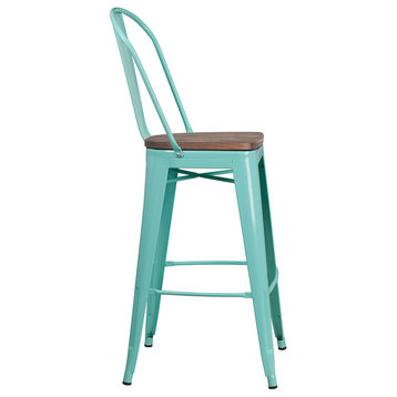 30" High Mint Green Metal Barstool With Back and Wood Seat