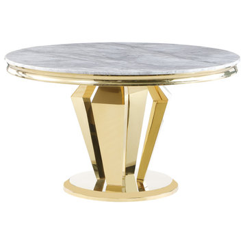 Chihiro Grey Stone Round Dining Table With Pedestal Base, Gold