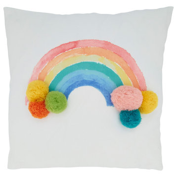 Poly-Filled Rainbow Pom Pom Throw Pillow