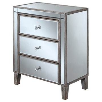 Elegant Mirrored End Table, 3 Drawers With Faux Crystal Knobs, Weathered White