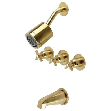 Kingston Brass Millennium Three-Handle Tub And Shower Faucet, Brushed Brass