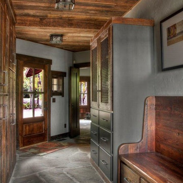 Weathered Antique Ceiling Paneling in a Traditional Mudroom Hallway