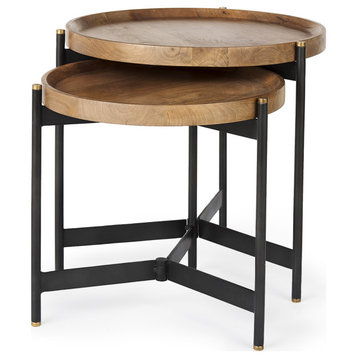 Marquisa Medium Brown Solid Wood w/ Black Metal Base Round Nesting Side Tables
