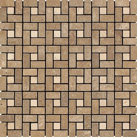 5/8 X 1 1/4 Tumbled Noce Travertine Mini Pinwheel Mosaic With Ivory Dots