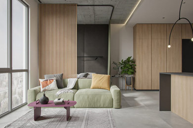 Small modern formal living room in Sydney with white walls, ceramic floors, a wall-mounted tv, grey floor, coffered and decorative wall panelling.