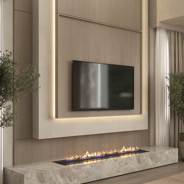 Linear Fireplace on a Stone Hearth with Backlit Panel, Bellevue WA