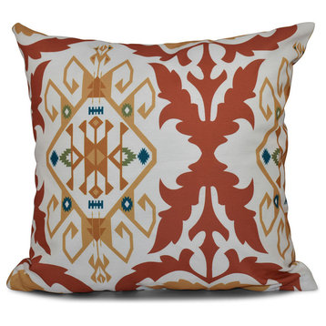 Bombay Medallion, Geometric Outdoor Pillow, Coral, 20"x20"