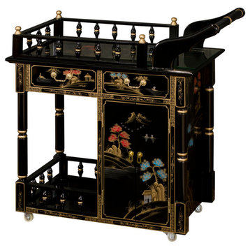 Black Lacquer Chinoiserie Scenery Asian Tea Cart