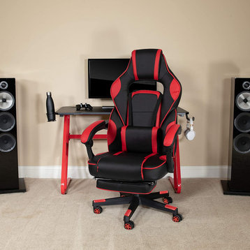 Ergonomic Racing Gamer Chair, Lumbar Pillow and Slide Out Footrest, Red