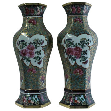 Pair Ceramic Golden Base Enamel Flower Half Hexagon Wall Vases