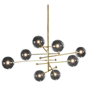 Art Deco Glass Ball LED Chandelier, Gold, 8 Balls, Smoky Gray Glass, Cool Light