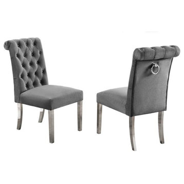 Minimal Tufted Gray Velvet Side Chairs with Silver Stainless Steel (Set of 2)