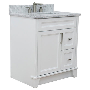 31" Single Sink Vanity, White Finish With White Carrara Marble With Oval Sink