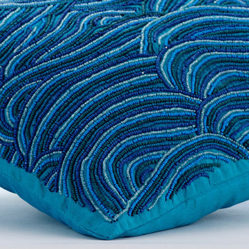 Blue Beaded Ombre Sea Waves 22"x22" Silk Pillows Cover, Sea Windsor
