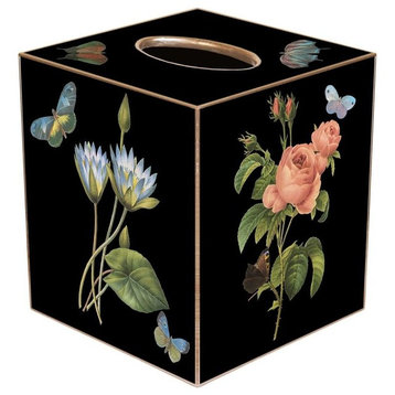 TB7-Black-Pink Roses, Pink Hydrangea, Blue Irises Tissue Box Cover