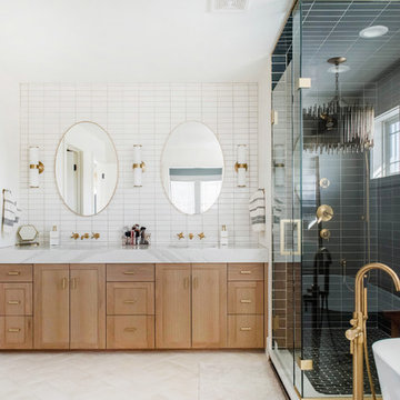White Backsplash Tile and Dark Grey Shower Tile