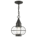 Livex Lighting - Charcoal Nautical, Farmhouse, Bohemian, Colonial, Outdoor Pendant Lantern - The Newburyport outdoor medium single-light pendant lantern boasts classic nautical and railway styling. This piece features a beautiful hand-blown clear glass globe and a charcoal finish over the hand crafted solid brass construction. With its easy installation and low upkeep requirements, this light will not disappoint.